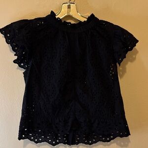 Chic Navy Eyelet Women Blouse
